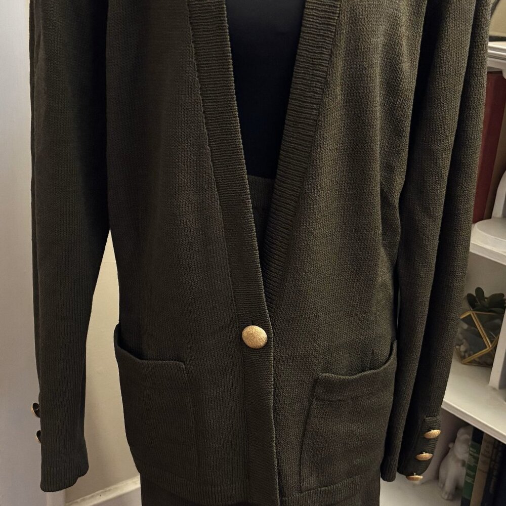 St John Three Piece Cardigan Skirt/Pant Set in Olive Green